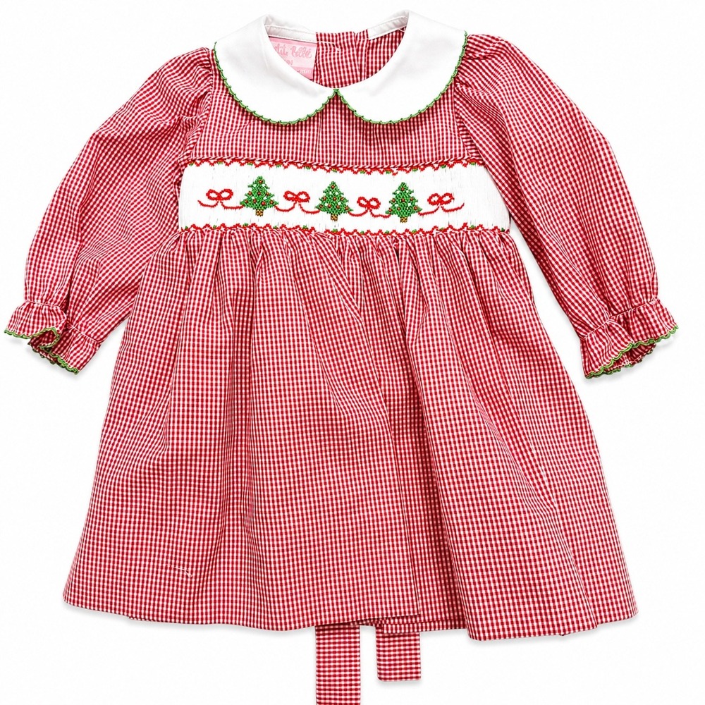 NEW Petit Bebe Red Gingham Smocked  Christmas Tree Dress Baby Girls 3M Holiday
